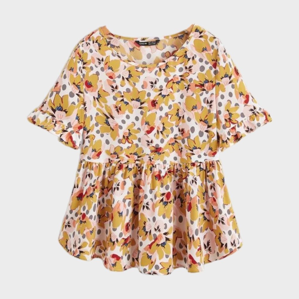 SHEIN Cream Toned Ruffle Cuff Floral Peplum Top size 4XL